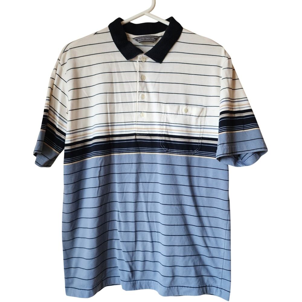 David Taylor Polo Shirt Mens Size Large White Blue Striped Short Sleeve Casual
